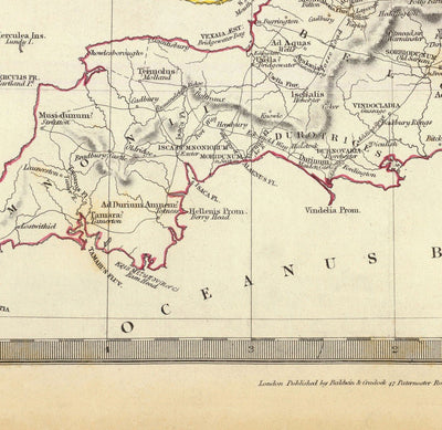 Antiguo mapa de la antigua Gran Bretaña, 1834 - Britania romana, tribus celtas, Silures, Dobunni, Parisi, Trinovantes, Regni