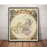 Old Flat Earth World Map, 1696 by Jacob Harrewyn - California Island, Cherubs - Polar Azimuthal Projection