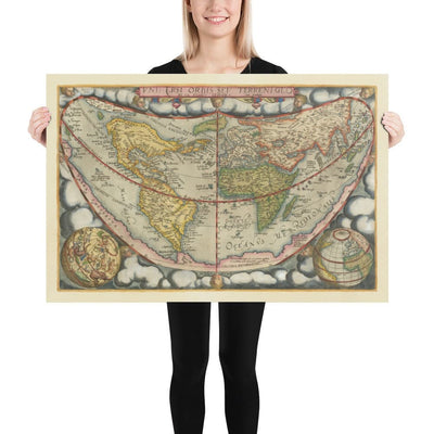 Sehr alte Weltkarte, 1571 von Gerard de Jode - Cordiforme Projektion, Cherubs, Antarktis, Atlas, Frühkolonialismus