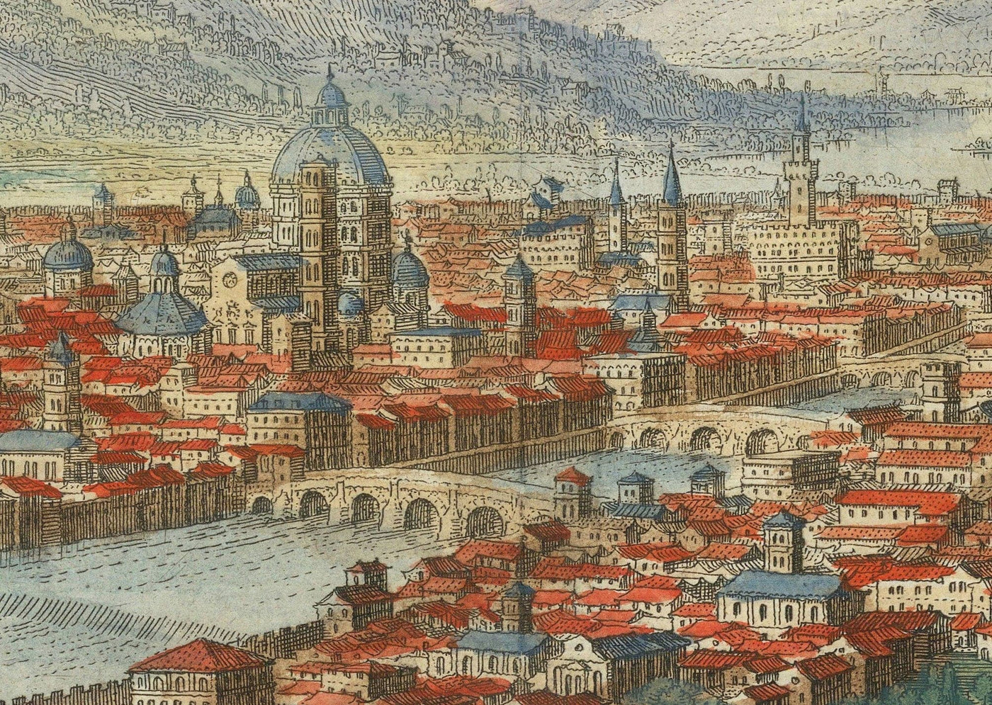 Ancienne carte à vol d'oiseau de Florence, Italie, 1640 par Matthaus Merian - Firenze, Duomo, Arno River, Ponte Vecchio, Uffizi