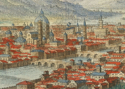 Antiguo mapa a vista de pájaro de Florencia, Italia, 1640 por Matthaus Merian - Florencia, Duomo, Río Arno, Ponte Vecchio, Uffizi