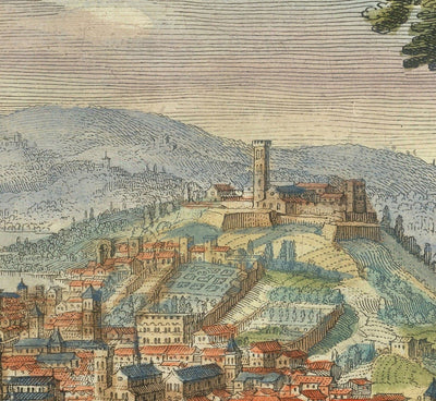 Ancienne carte à vol d'oiseau de Florence, Italie, 1640 par Matthaus Merian - Firenze, Duomo, Arno River, Ponte Vecchio, Uffizi