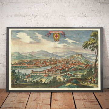 Alter Vogelperspektivkarte von Florenz, Italien, 1640 von Matthaus Merian - Firenze, Duomo, Arno, Ponte Vecchio, Uffizien 