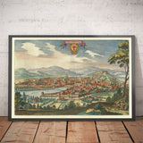 Alter Vogelperspektivkarte von Florenz, Italien, 1640 von Matthaus Merian - Firenze, Duomo, Arno, Ponte Vecchio, Uffizien 