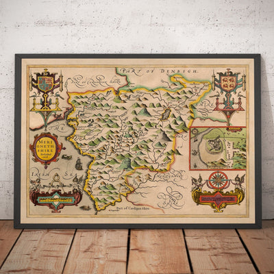 Antiguo mapa de Merionethshire, Gales en 1611 por John Speed - Dolgellau, Aberdyfi, Bala, Barmouth, Harlech, Snowdonia