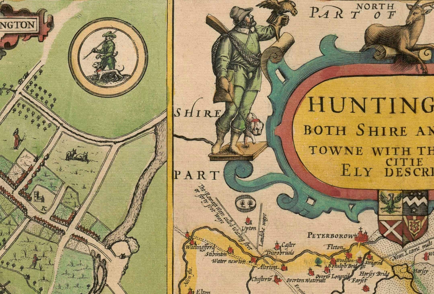Alte Karte von Huntingdonshire 1611 bJohn Speed - Huntingdon, Cambridgeshire, St. Ives, St. Neots, Godmanchester Yaxley