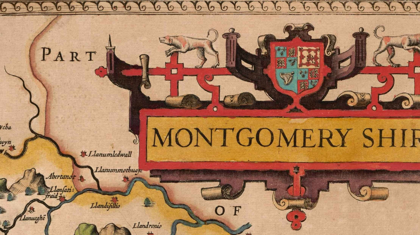 Antiguo mapa de Montgomeryshire, Gales, 1611 por John Speed - Powys, Maldwyn, Montgomery, Newtown, Welshpool, Llanidloes