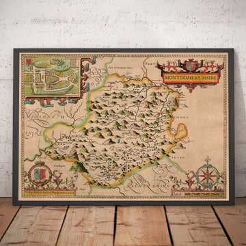 Antiguo mapa de Montgomeryshire, Gales, 1611 por John Speed - Powys, Maldwyn, Montgomery, Newtown, Welshpool, Llanidloes