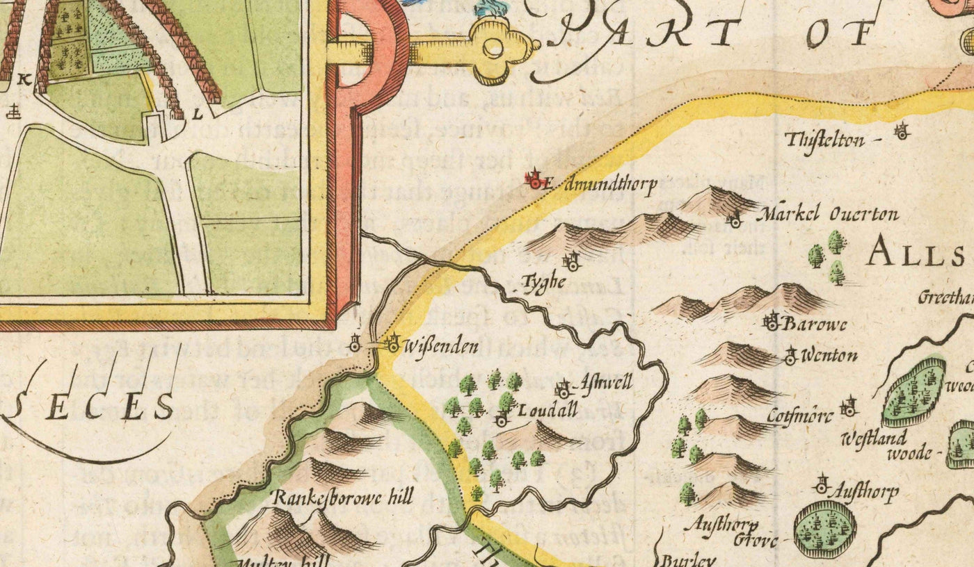 Antiguo mapa de Rutland, 1611 por John Speed - Rutlandshire, Oakham, Edith Weston, Uppingham, Ketton, Stretton