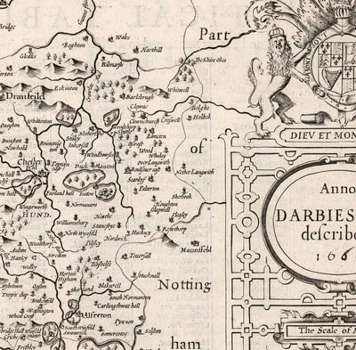Antiguo mapa monocromo de Derbyshire, 1611 por John Speed - Derby, Chesterfield, Buxton, Peak District