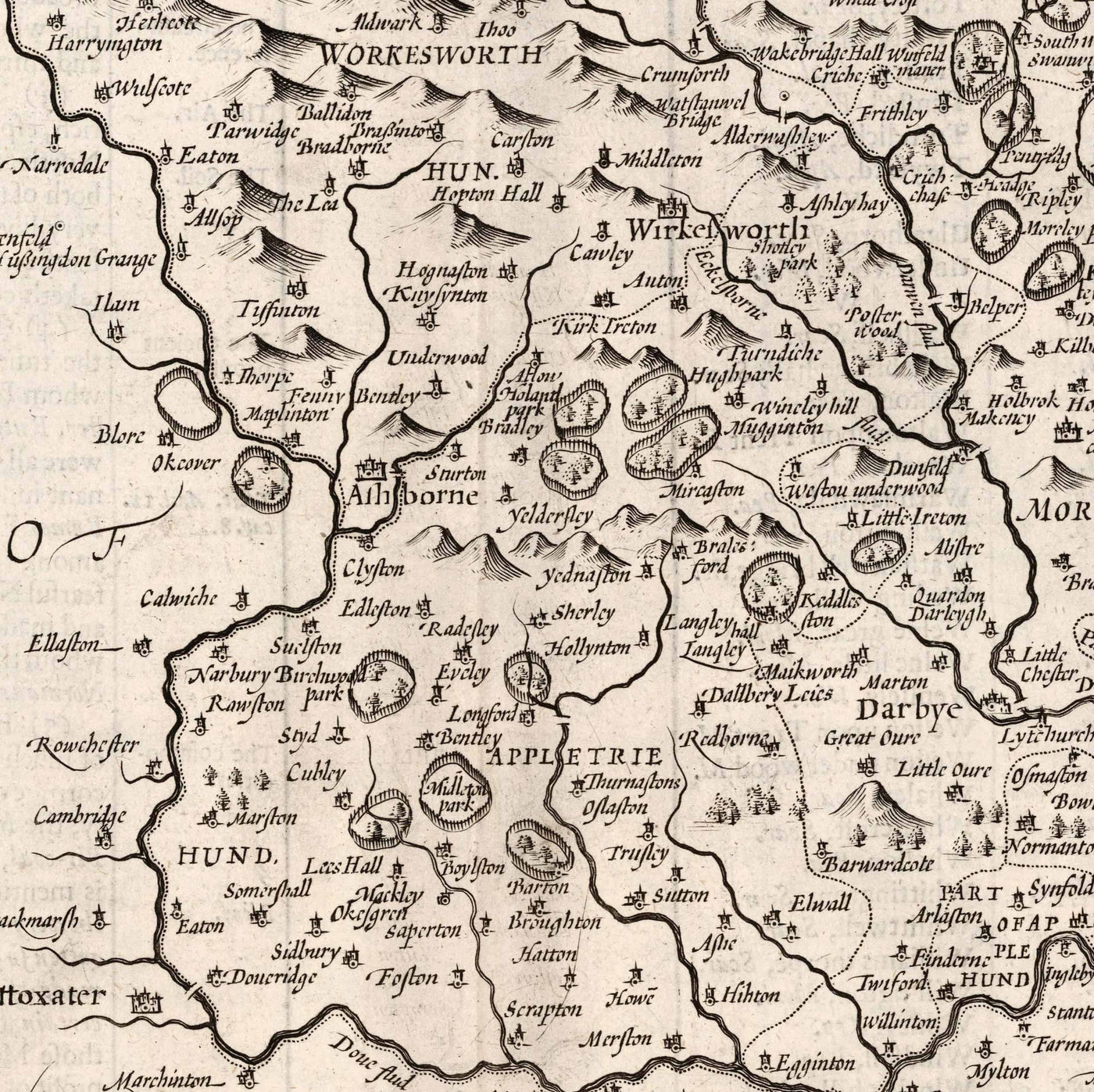 Antiguo mapa monocromo de Derbyshire, 1611 por John Speed - Derby, Chesterfield, Buxton, Peak District