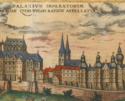 Mapa antiguo de Praga, Chequia, por Georg Braun, 1572 - Bohemia, Castillo, Moldava, Iglesia de Týn Teyn, Ciudad Vieja, Mala Strana