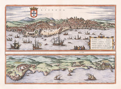 Alte Karte von Lissabon, Portugal von Georg Braun aus dem Jahr 1572 - Burg, Kathedrale, Stadtmauern, Innenstadt, alte Straßen