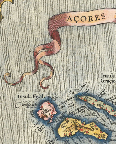 Alte Karte der Azoren von Abraham Ortelius, 1573 - Sao Miguel, Pico, Terceira, São Jorge, Faial, Portugal, Atlantik