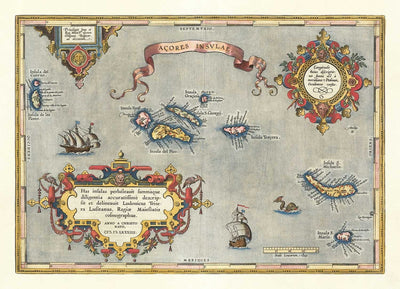 Old Map of the Açores par Abraham Ortelius, 1573 - Sao Miguel, Pico, Terceira, São Jorge, Faial, Portugal, Atlantique