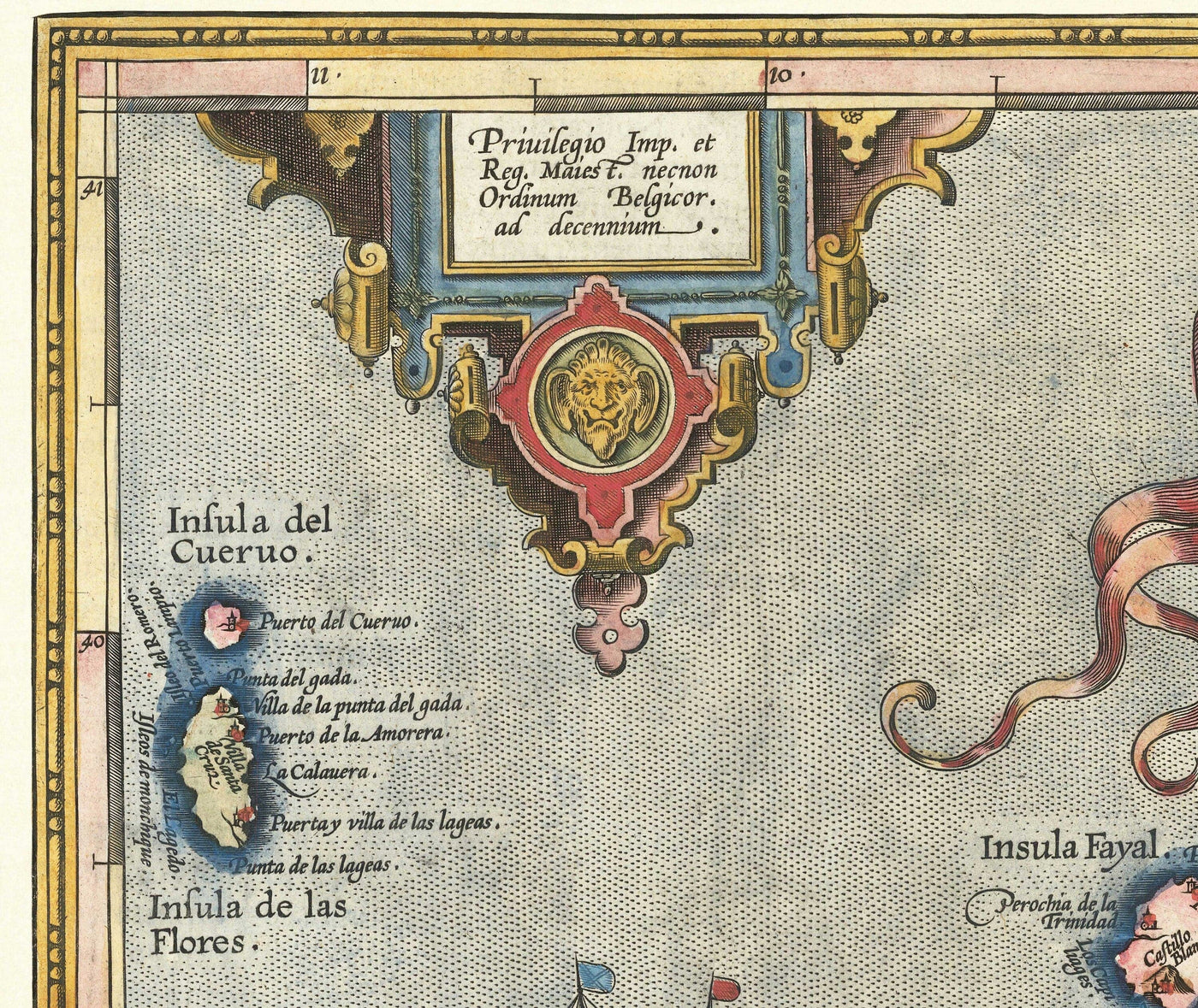 Mapa antiguo de las Azores por Abraham Ortelius, 1573 - Sao Miguel, Pico, Terceira, São Jorge, Faial, Portugal, Atlántico