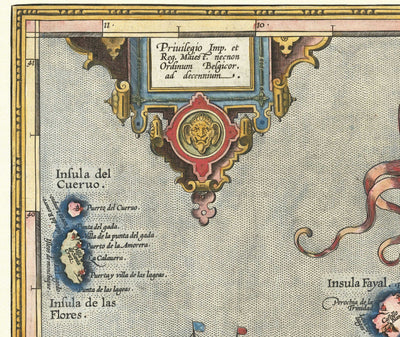 Mapa antiguo de las Azores por Abraham Ortelius, 1573 - Sao Miguel, Pico, Terceira, São Jorge, Faial, Portugal, Atlántico