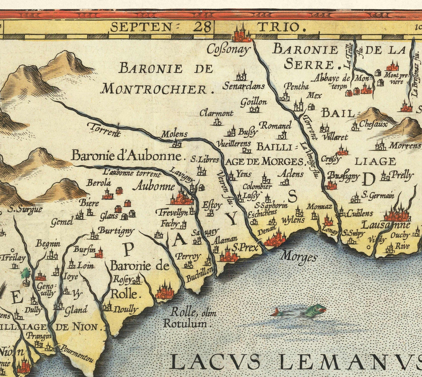 Ancienne carte du lac Léman par Abraham Ortelius, 1573 - Lausanne, Montreux, Thonon-les-Bains, Evian, Nyon, Morges