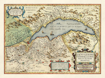 Antiguo mapa del lago Lemán de Abraham Ortelius, 1573 - Lausana, Montreux, Thonon-les-Bains, Evian, Nyon, Morges