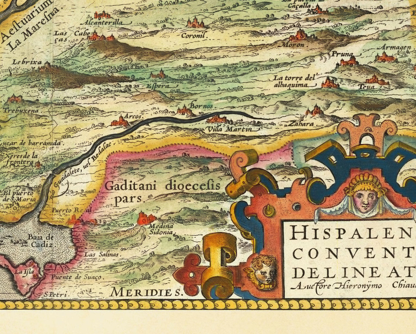 Ancienne carte d'Andalousie, Séville, Espagne par Ortelius en 1573 - Sevilla, Huelva, Cadiz, Barrameda, Santa María, Real