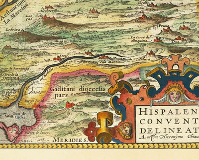 Mapa antiguo de Andalucía, Sevilla, España por Ortelius en 1573 - Sevilla, Huelva, Cádiz, Barrameda, Santa María, Real
