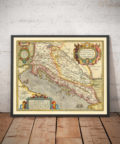 Ancienne carte de Croatie, Bosnie et Serbie, 1573 par Ortelius - Mer Adriatique, Venise, Zagreb, Belgrade, Sarajevo, îles