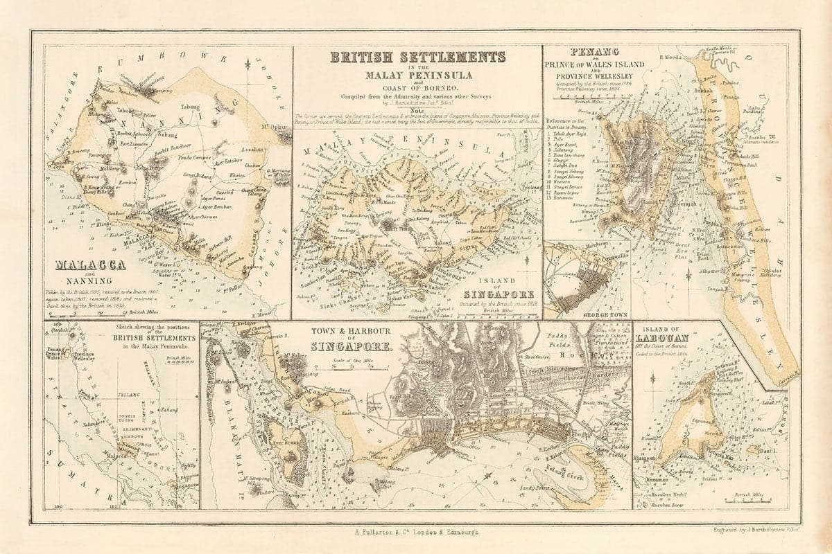 Antiguo mapa colonial de la península de Malasia, 1860 por Fullarton - Singapur, Penang, Malaca, Naning - Asentamientos británicos