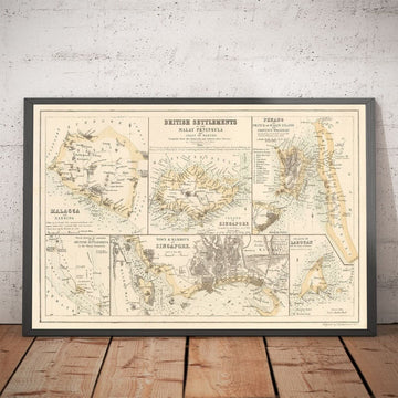 Vecchia mappa coloniale della penisola malese, 1860 di Fullarton - Singapore, Penang, Malacca, Naning - insediamenti britannici 