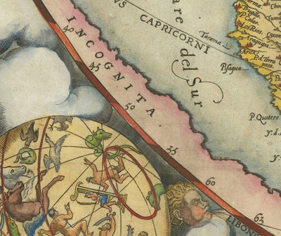 Mapa del mundo muy antiguo, 1571 por Gerard De Jode - Proyección cordiforme, Querubines, Antártida, Atlas, Colonialismo temprano