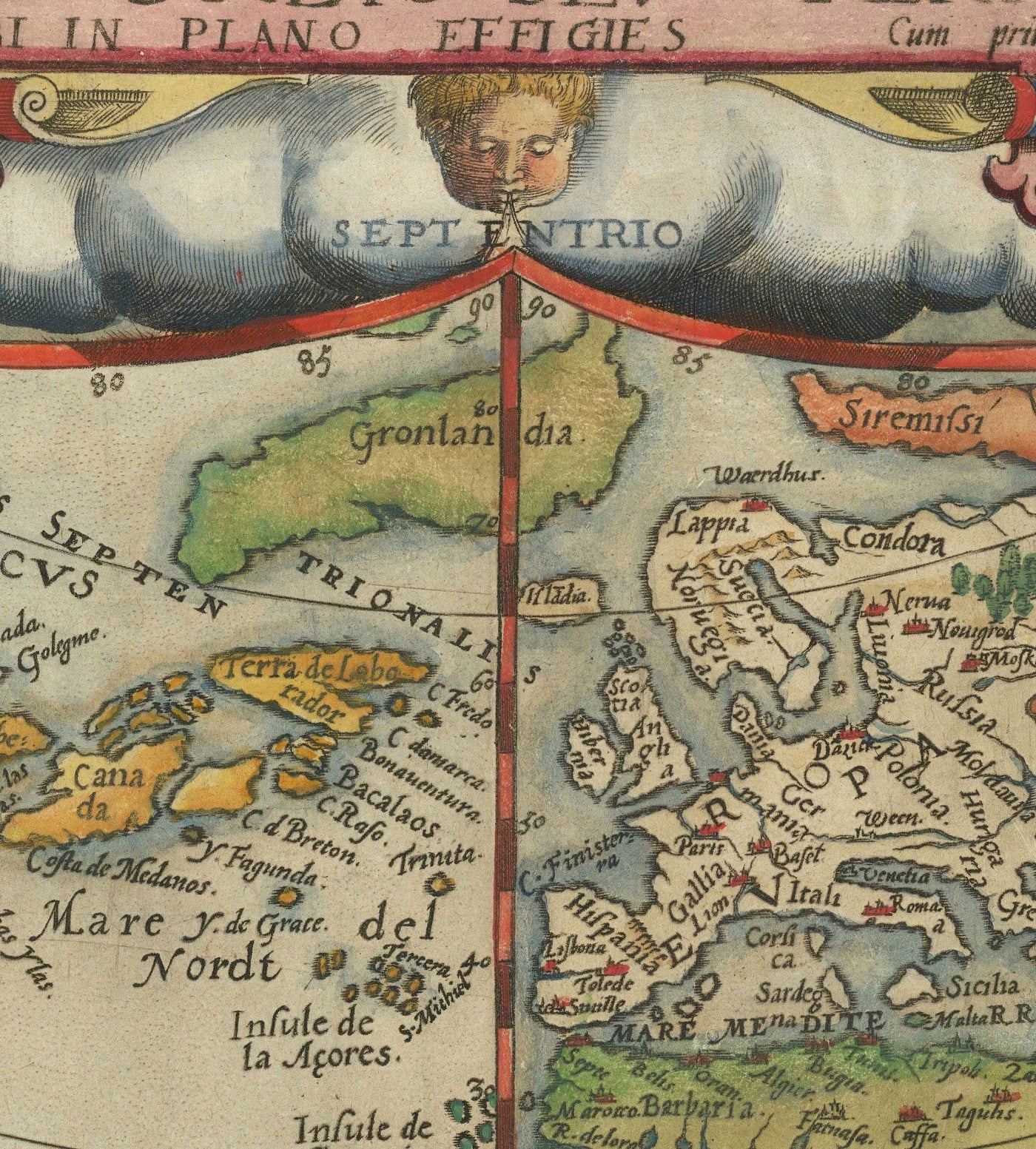 Très ancienne carte du monde, 1571 par Gerard de Jode - Projection codiforme, chérubs, Antarctique, Atlas, Colonialisme précoce