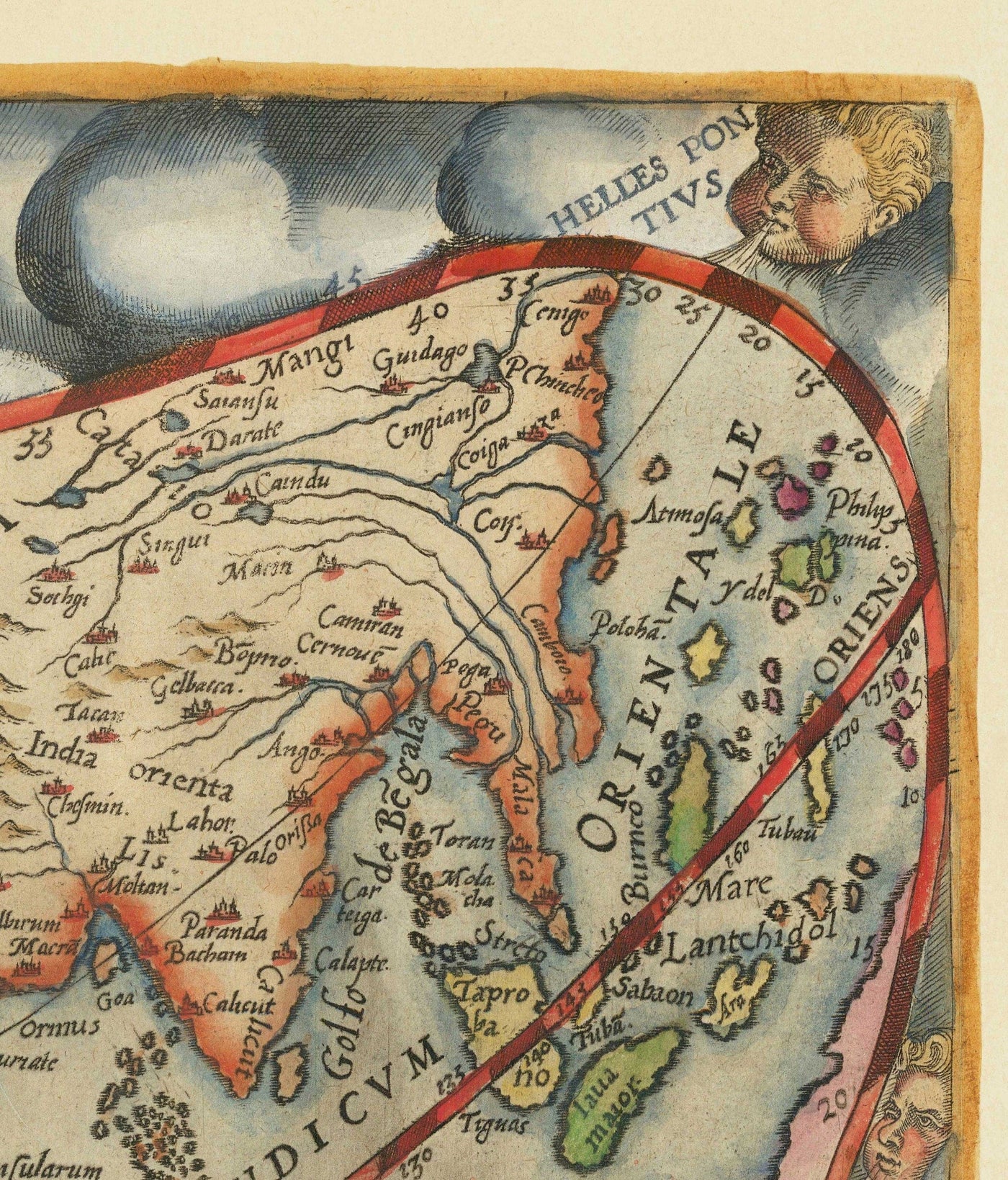 Sehr alte Weltkarte, 1571 von Gerard de Jode - Cordiforme Projektion, Cherubs, Antarktis, Atlas, Frühkolonialismus