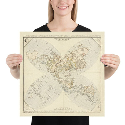 Ancienne carte de la Terre plate, 1811 par JC Hinrichs - Carte du monde allemande et française - Intéressante carte de l'Atlas colonial