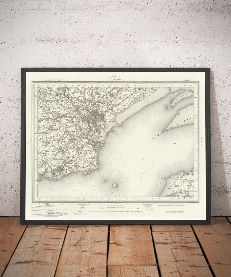 Mappa antica di Cardiff, Galles nel 1867 - Caerdydd, Penarth, Sully, Barry, Llandaff, Castello, Sobborgo, Foce del Severn 