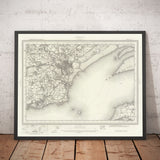 Antiguo mapa de Cardiff, Gales en 1867 - Caerdydd, Penarth, Sully, Barry, Llandaff, Castillo, Suburbios, Desembocadura del Severn