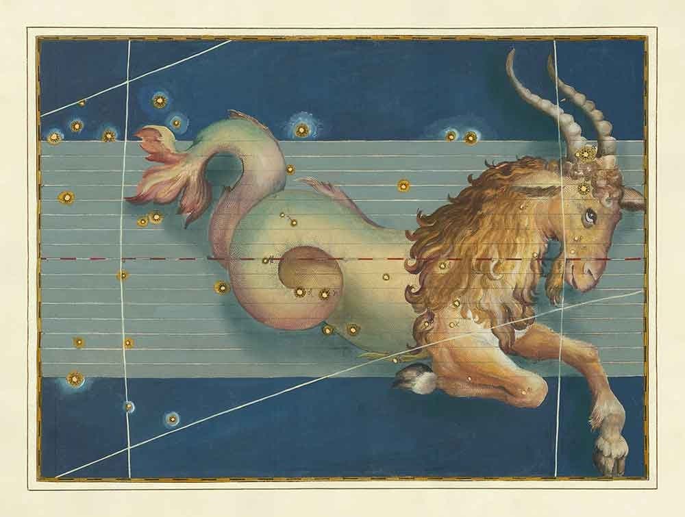 Antiguo mapa estelar de Capricornio, 1603 por Johann Bayer - Carta astrológica del zodiaco y signo del horóscopo