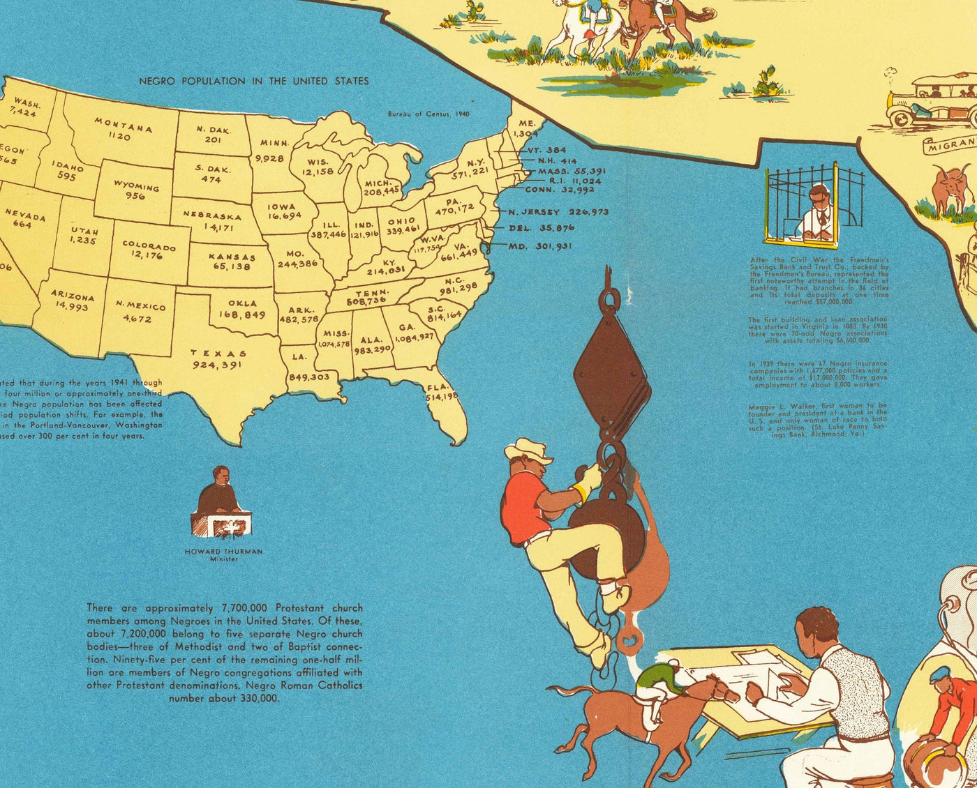 Alte Karte der Neger, Schwarze Abstammung in den USA, 1946 - Berühmte Afroamerikaner - George Washington Carver, Booker T, Harriet Tubman