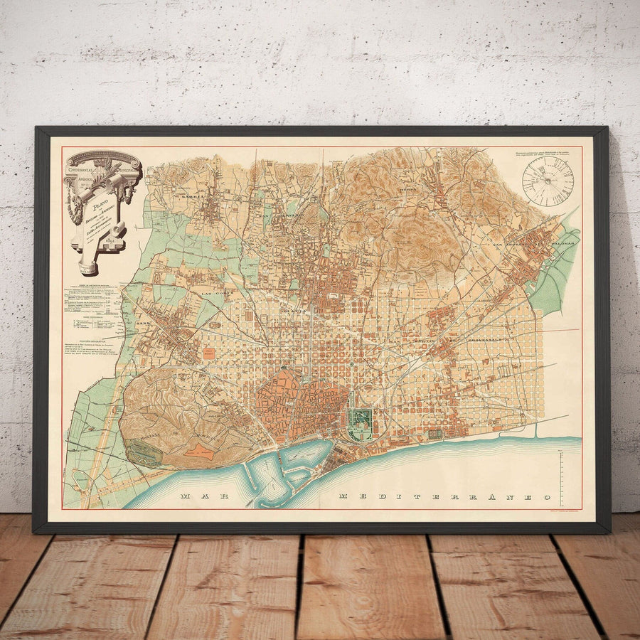 Mappa antica di Barcellona, 1891 di DJM Serra - Sagrada Famíli, Quartiere Gotico, Cattedrali, Parchi, Las Ramblas, Strade 