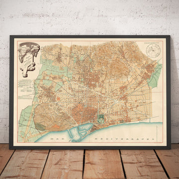 Old Map of Barcelona, 1891 by DJM Serra - Sagrada Família, Gothic Quarter, Cathedrals, Parks, Las Ramblas, Streets