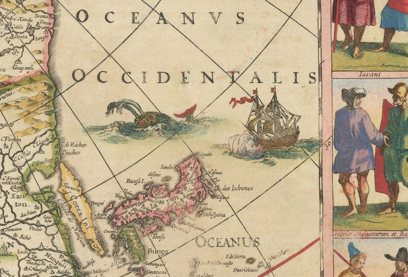 Ancienne carte d'Asie, 1640 par Willem Blaeu - Indes orientales coloniales - Chine, Inde, Malaisie, Singapour, Thaïlande, Philippines