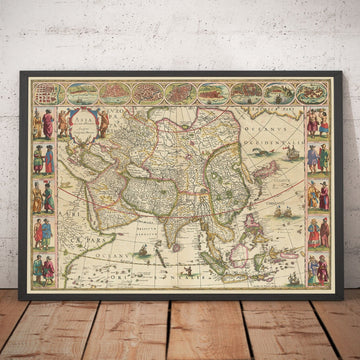 Mapa antiguo de Asia, 1640 por Willem Blaeu - Indias Orientales Coloniales - China, India, Malasia, Singapur, Tailandia, Filipinas