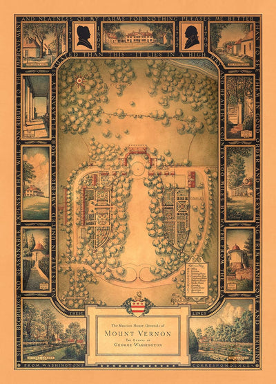 Plano antiguo de Mount Vernon, la casa de George Washington, 1932, por B. Ashburton Tripp - Jardines, casa, finca