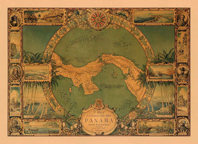 Old Map of the Panama Canal, 1930 par Tripp - Panama City, Gatun, Bocas del Toro, îles Pearl, Baquete, Isla del Rey - cadeau sans cadre encadré
