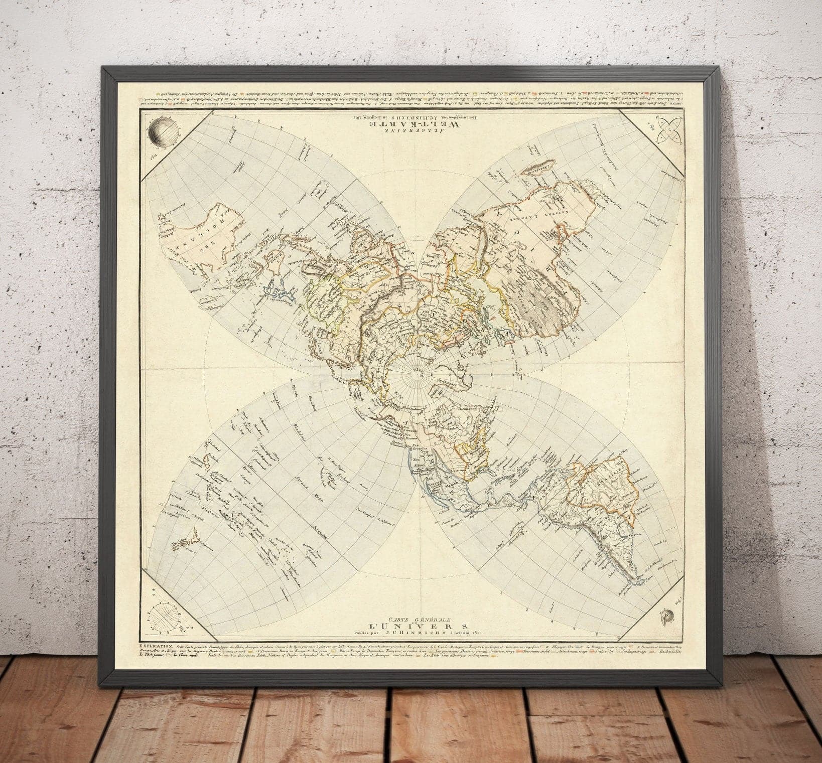 Old Flat Earth Map, 1811 by JC Hinrichs - German, French World Map - I ...