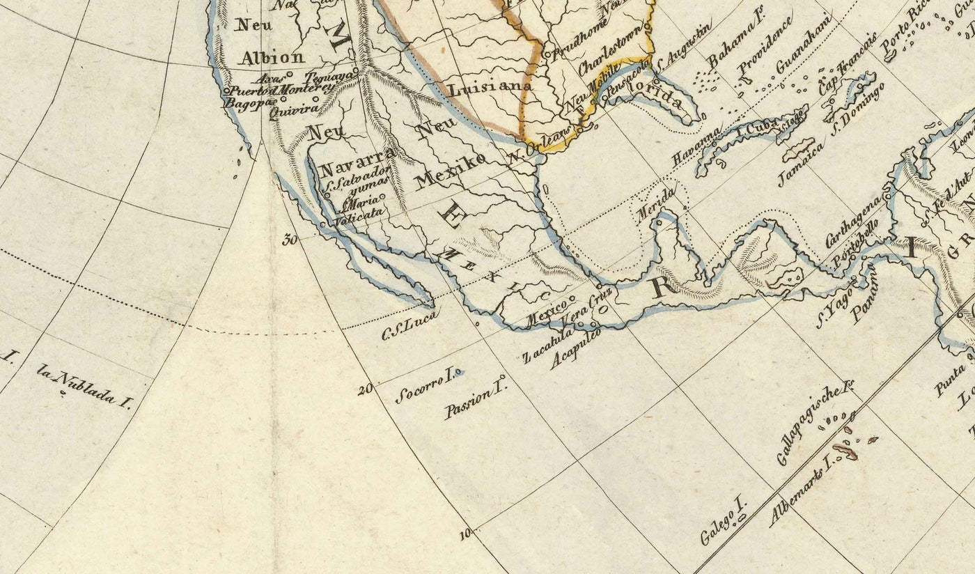 Antiguo mapa de la Tierra Plana, 1811 por JC Hinrichs - Mapa del mundo alemán y francés - Interesante gráfico del Atlas Colonial
