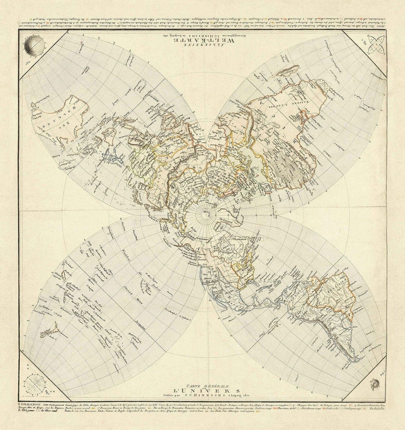 Alte flache Erdkarte, 1811 von JC Hinrichs - Deutsche, französische Weltkarte - Interessante Kolonialatlas-Karte