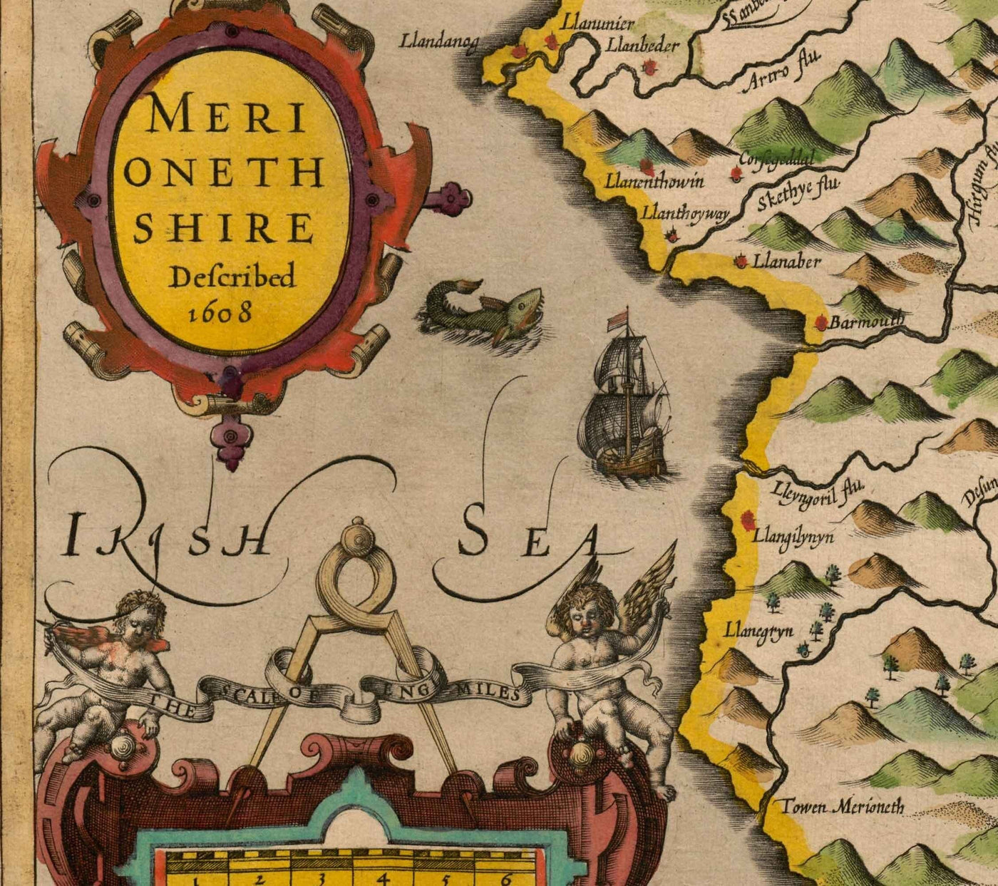 Antiguo mapa de Merionethshire, Gales en 1611 por John Speed - Dolgellau, Aberdyfi, Bala, Barmouth, Harlech, Snowdonia