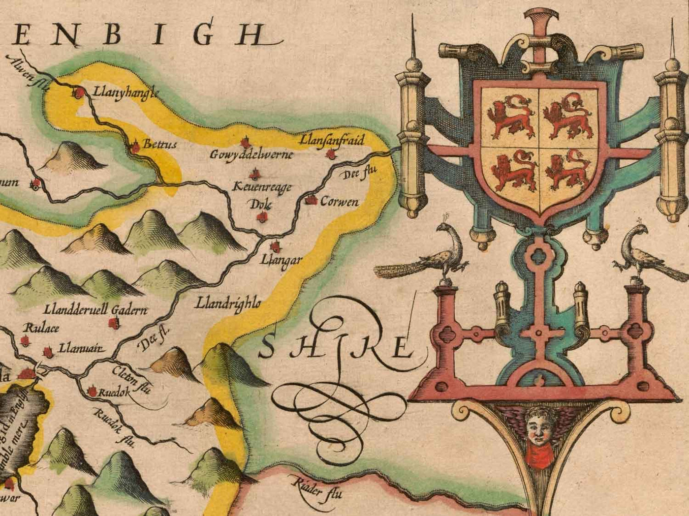 Alte Karte von Merionethshire, Wales im Jahr 1611 von John Speed - Dolgellau, Aberdyfi, Bala, Barmouth, Harlech, Snowdonia