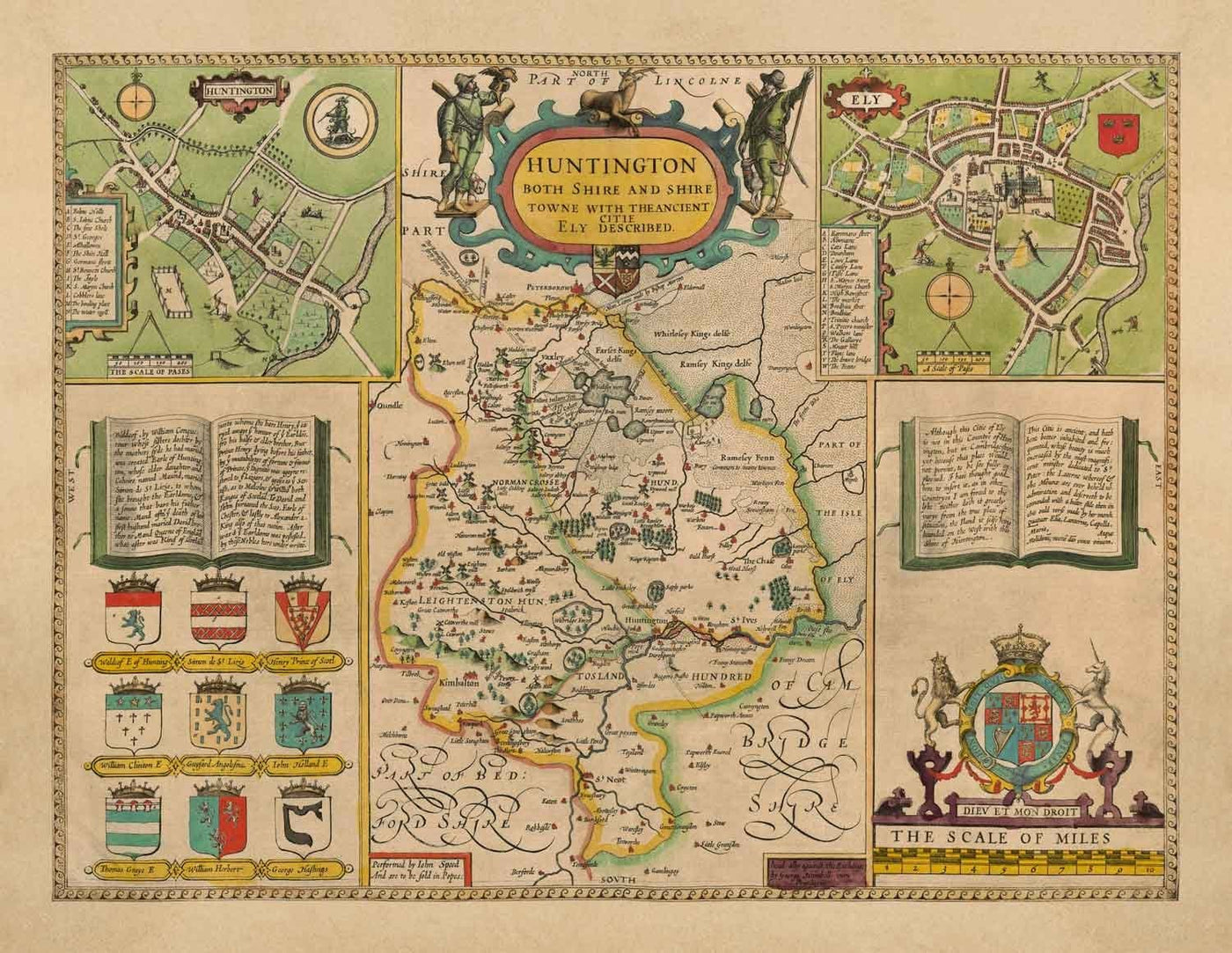 Ancienne carte du Huntingdonshire 1611 bJohn Speed - Huntingdon, Cambridgeshire, St. Ives, St. Neots, Godmanchester Yaxley