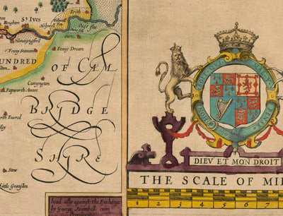 Antiguo mapa de Huntingdonshire 1611 bJohn Speed - Huntingdon, Cambridgeshire, St. Ives, St. Neots, Godmanchester Yaxley