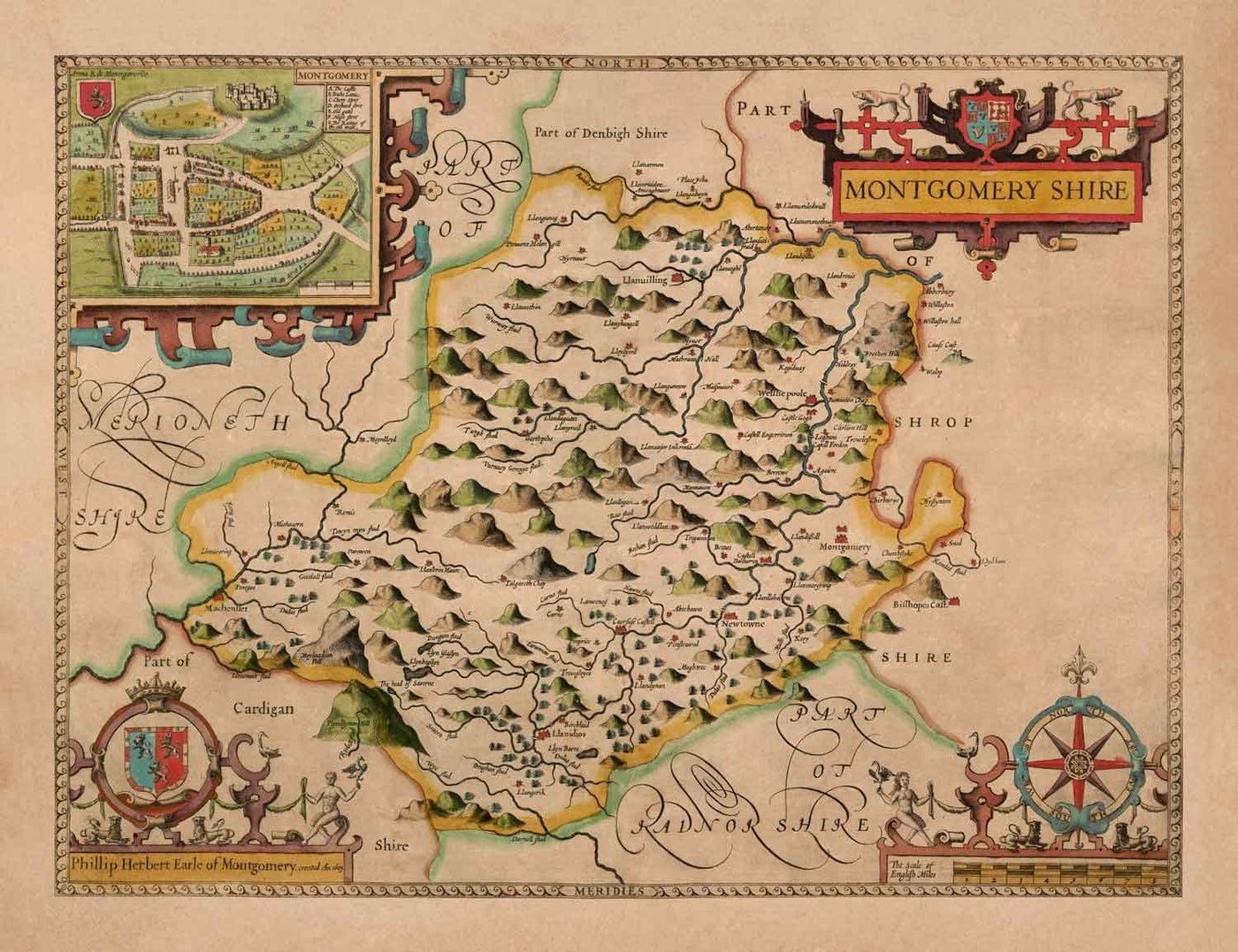 Antiguo mapa de Montgomeryshire, Gales, 1611 por John Speed - Powys, Maldwyn, Montgomery, Newtown, Welshpool, Llanidloes